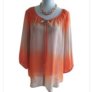 Key Celine Orange & Beige Ombre Sheer Tie Neck Top XL